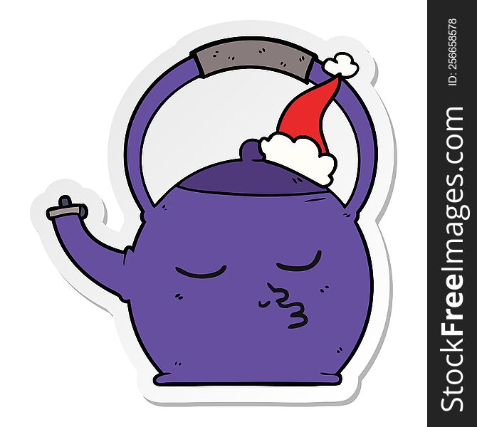 hand drawn sticker cartoon of a kettle wearing santa hat