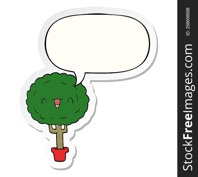 cartoon happy tree with speech bubble sticker