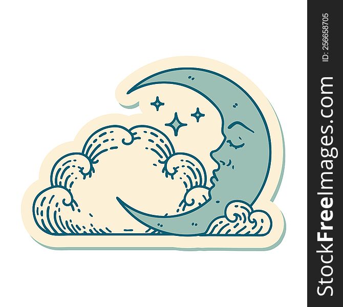 Tattoo Style Sticker Of A Crescent Moon And Clouds