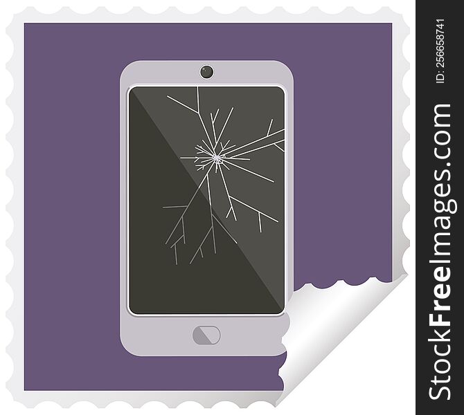 cracked screen cell phone graphic square sticker stamp. cracked screen cell phone graphic square sticker stamp