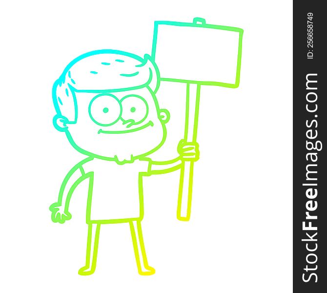 cold gradient line drawing of a cartoon happy man with placard