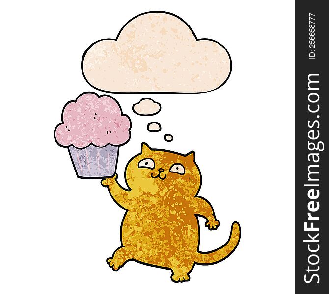 Cartoon Cat With Cupcake And Thought Bubble In Grunge Texture Pattern Style