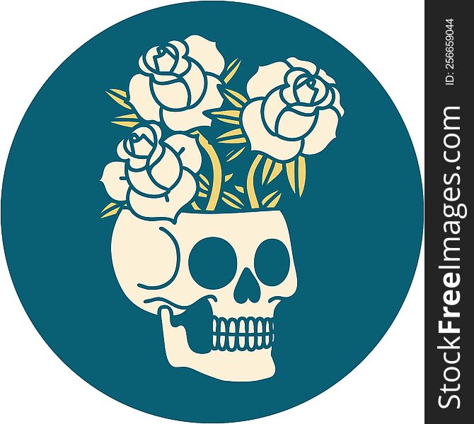 iconic tattoo style image of a skull and roses. iconic tattoo style image of a skull and roses