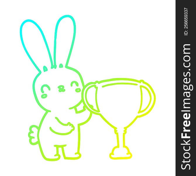 cold gradient line drawing of a cute cartoon rabbit with sports trophy cup