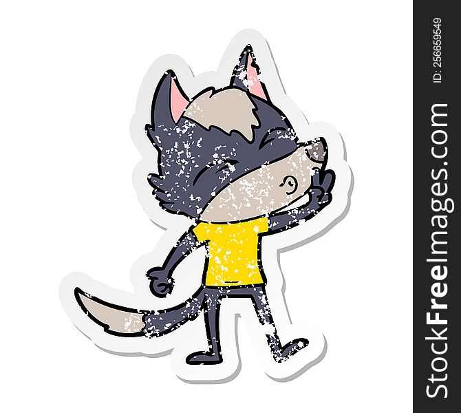 Distressed Sticker Of A Cartoon Wolf Whistling