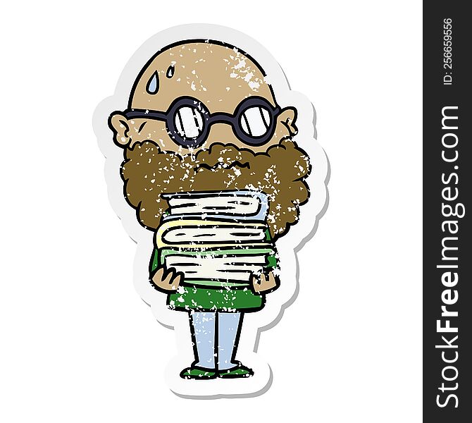 Distressed Sticker Of A Cartoon Worried Man With Beard And Stack Of Books