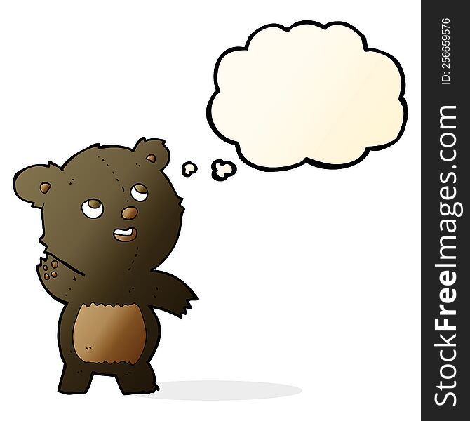 Cartoon Cute Waving Black Bear Teddy With Thought Bubble