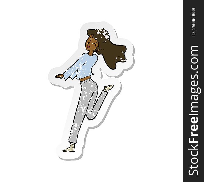 Retro Distressed Sticker Of A Cartoon Happy Girl Kicking Out Leg