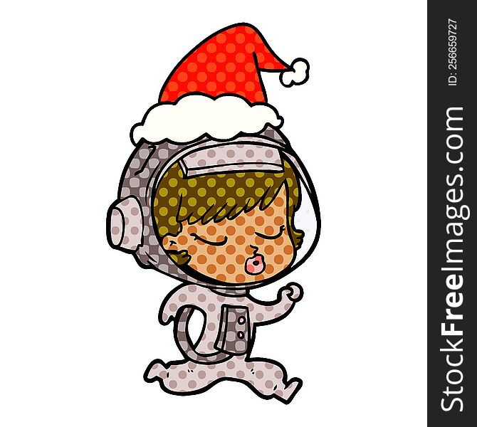 Comic Book Style Illustration Of A Pretty Astronaut Girl Running Wearing Santa Hat