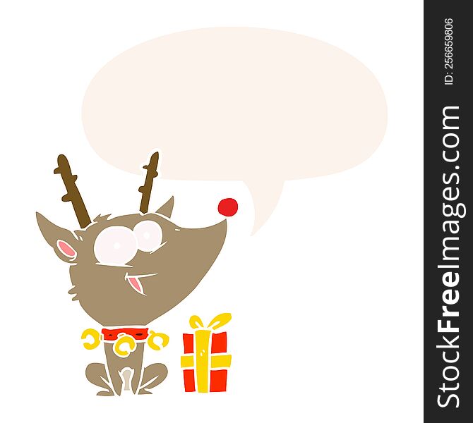 Cartoon Christmas Reindeer And Speech Bubble In Retro Style