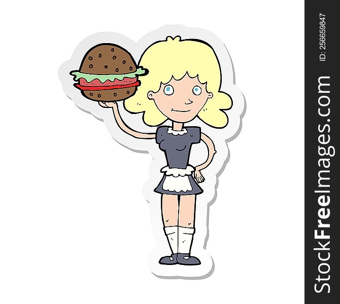 Sticker Of A Cartoon Waitress With Burger