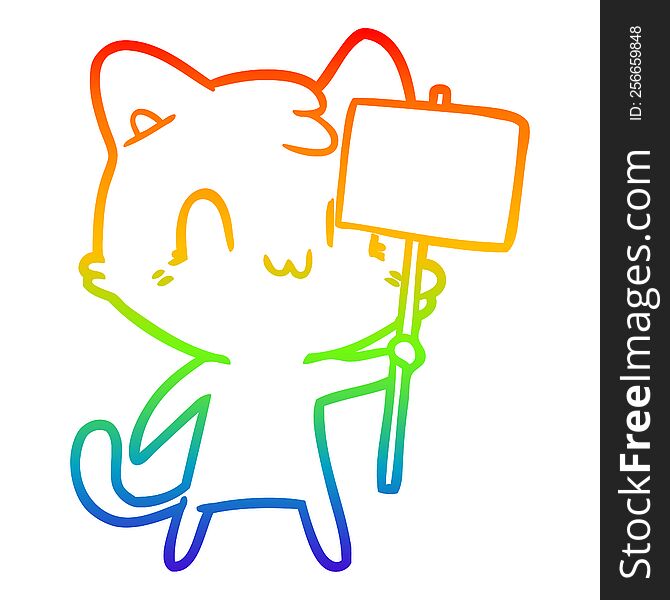 rainbow gradient line drawing of a cartoon happy cat with blank sign