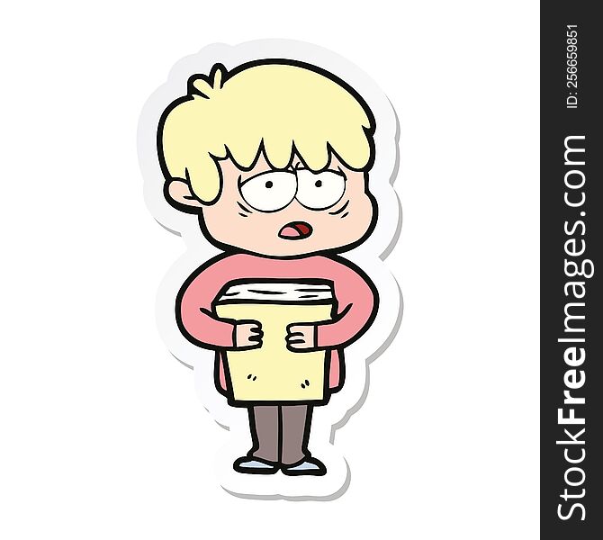 sticker of a cartoon exhausted boy holding book