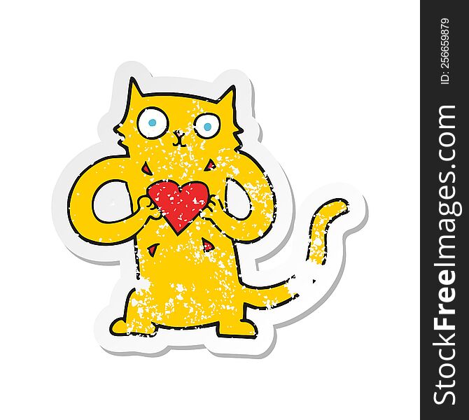retro distressed sticker of a cartoon cat with love heart