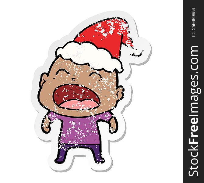 distressed sticker cartoon of a shouting bald man wearing santa hat