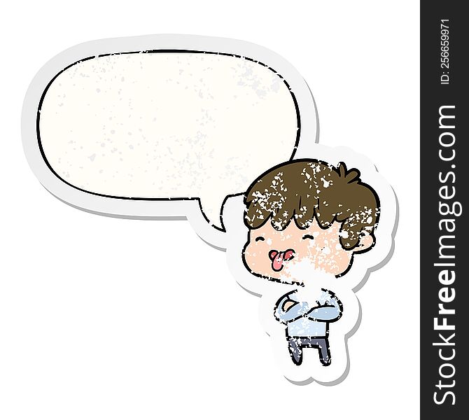 Cartoon Boy Sticking Out Tongue And Speech Bubble Distressed Sticker