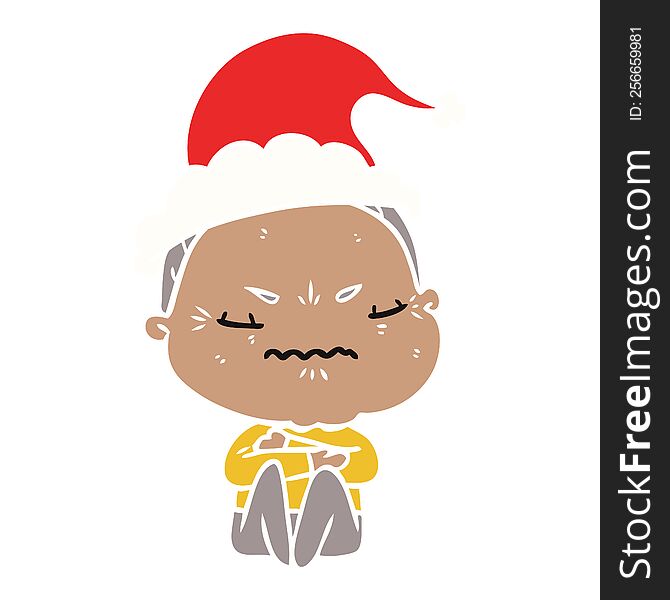 flat color illustration of a annoyed old lady wearing santa hat