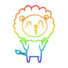 Free Rainbow Gradient Line Drawing Laughing Lion Cartoon Shrugging Shoulders Stock Photo - 256666320