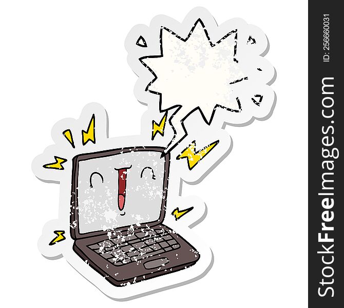 cartoon laptop computer with speech bubble distressed distressed old sticker. cartoon laptop computer with speech bubble distressed distressed old sticker