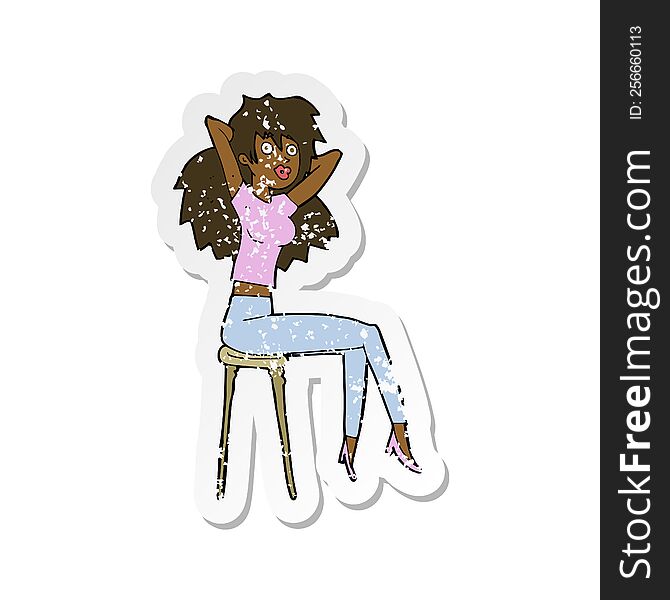 Retro Distressed Sticker Of A Cartoon Woman Posing On Stool