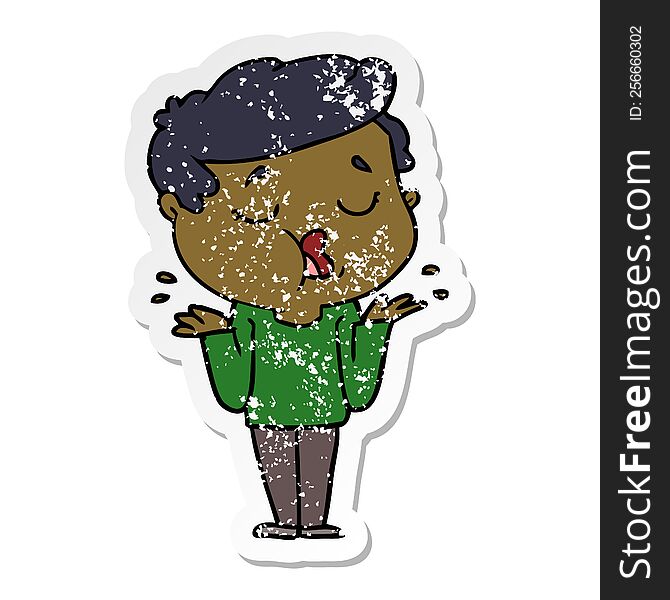 Distressed Sticker Of A Cartoon Man Talking And Shrugging Shoulders
