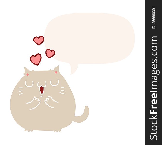 Cute Cartoon Cat In Love And Speech Bubble In Retro Style