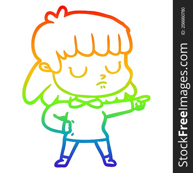 rainbow gradient line drawing of a cartoon indifferent woman accusing