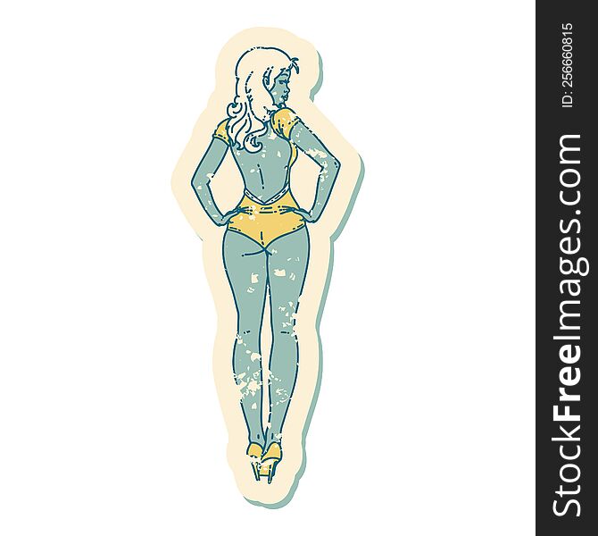 Distressed Sticker Tattoo Style Icon Of A Pinup Swimsuit Girl