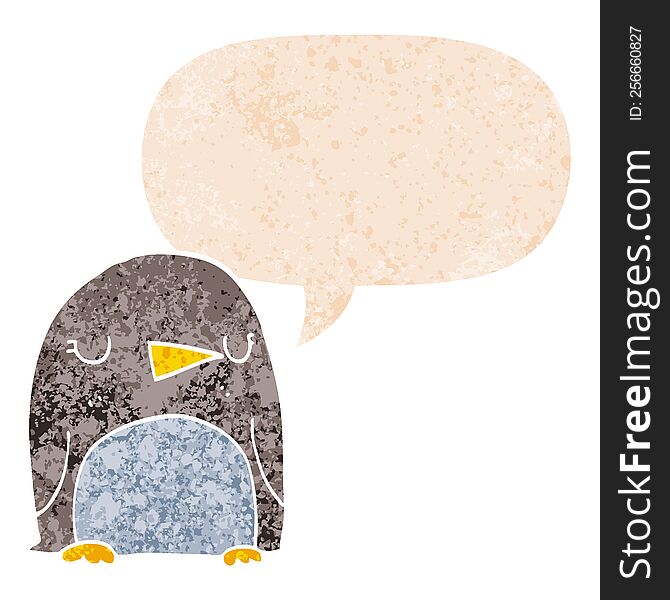 cartoon penguin with speech bubble in grunge distressed retro textured style. cartoon penguin with speech bubble in grunge distressed retro textured style