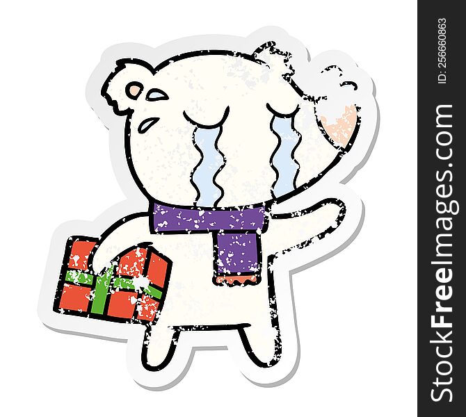 Distressed Sticker Of A Cartoon Crying Christmas Polar Bear