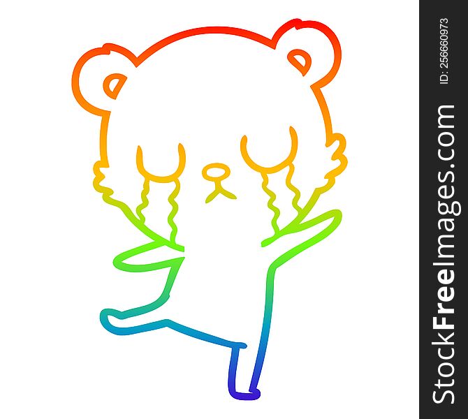 rainbow gradient line drawing of a crying cartoon bear doing a sad dance