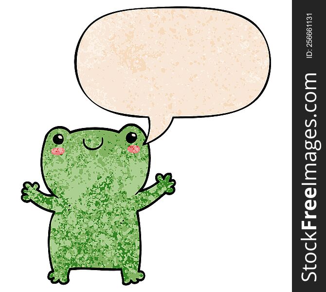 cute cartoon frog with speech bubble in retro texture style