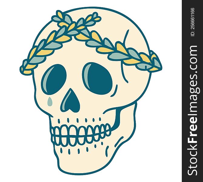 iconic tattoo style image of a skull with laurel wreath crown. iconic tattoo style image of a skull with laurel wreath crown
