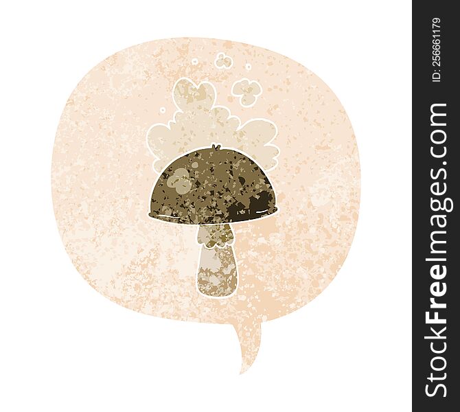 cartoon mushroom with spore cloud with speech bubble in grunge distressed retro textured style. cartoon mushroom with spore cloud with speech bubble in grunge distressed retro textured style