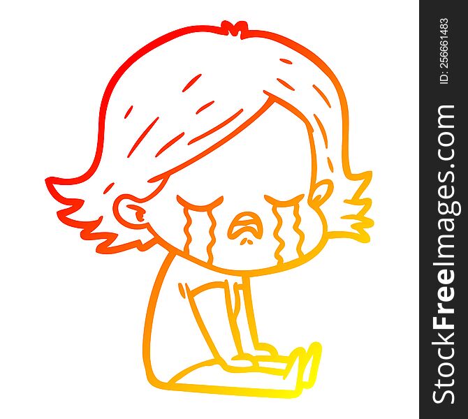 warm gradient line drawing cartoon girl crying sat on floor