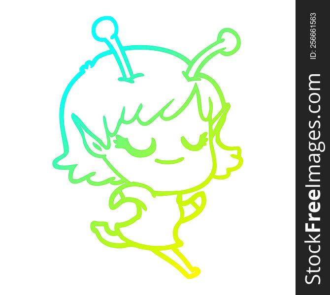 cold gradient line drawing of a smiling alien girl cartoon running