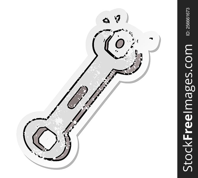 Distressed Sticker Of A Cartoon Spanner Turning Nut