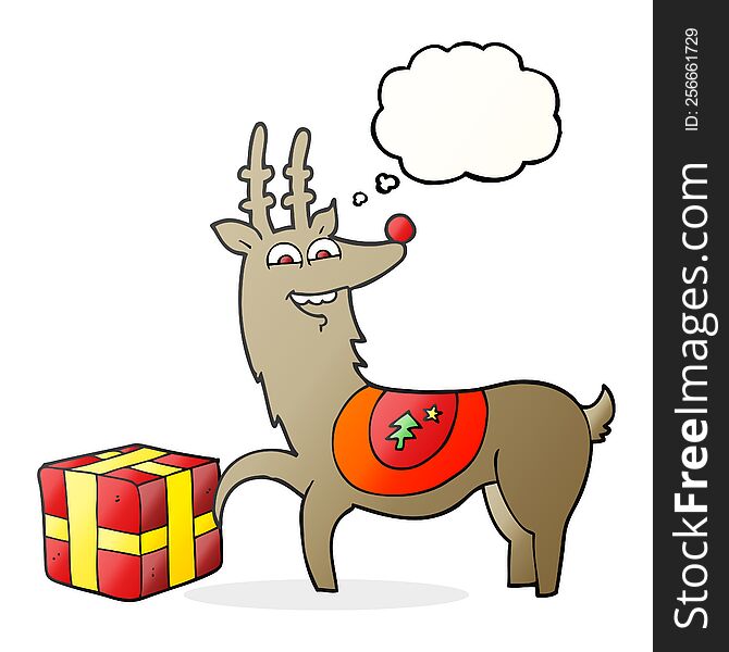 freehand drawn thought bubble cartoon christmas reindeer with present