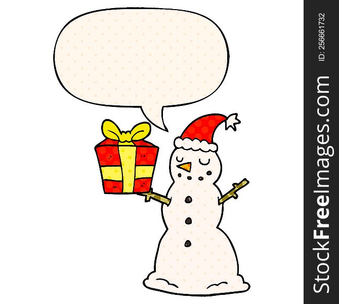 Cartoon Snowman And Present And Speech Bubble In Comic Book Style
