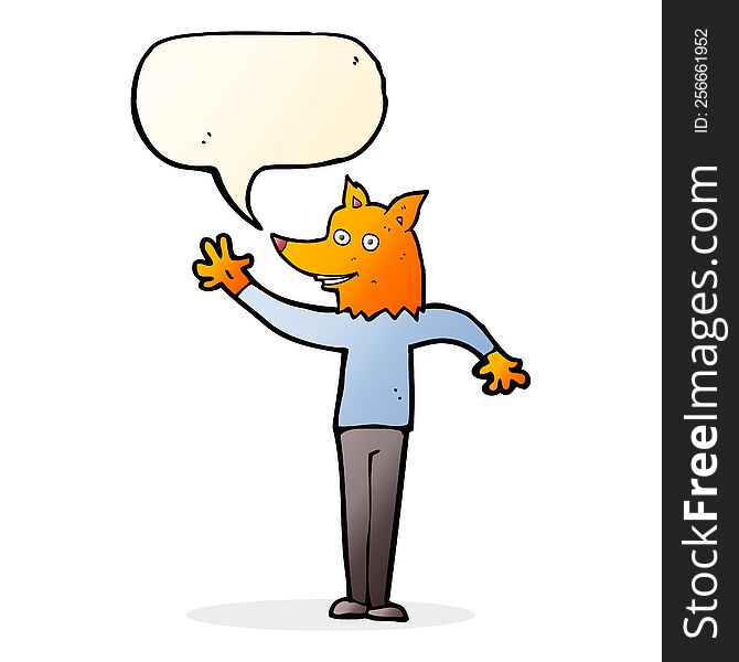 Cartoon Waving Fox Man With Speech Bubble