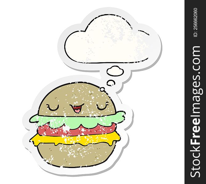 Cartoon Burger And Thought Bubble As A Distressed Worn Sticker