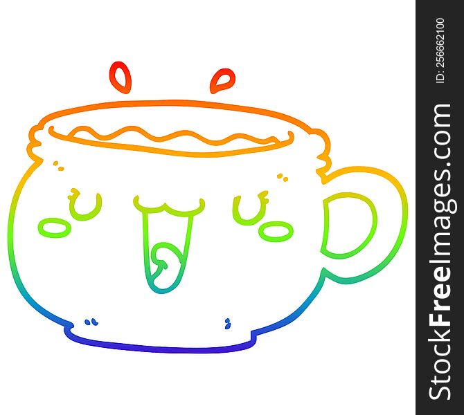 rainbow gradient line drawing of a cute cartoon coffee cup