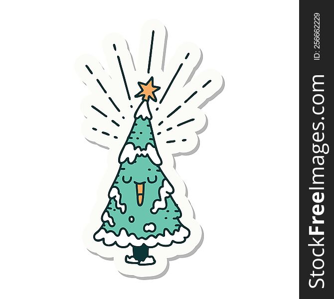 Sticker Of Tattoo Style Happy Christmas Tree