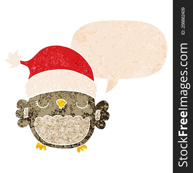 Cute Christmas Owl And Speech Bubble In Retro Textured Style