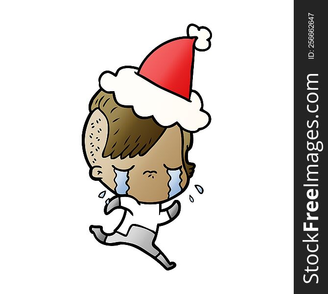 gradient cartoon of a crying girl wearing space clothes wearing santa hat