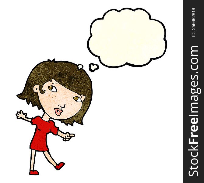 Cartoon Happy Girl Gesturing To Follow With Thought Bubble