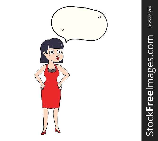 freehand drawn speech bubble cartoon woman in dress with hands on hips