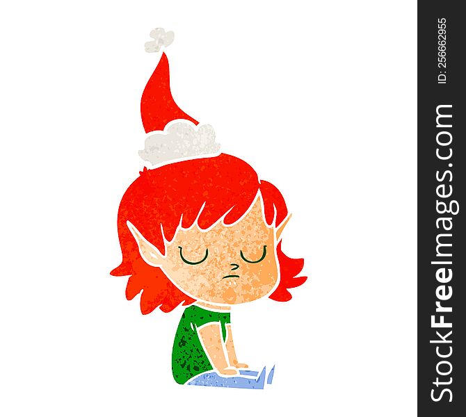 hand drawn retro cartoon of a elf girl wearing santa hat