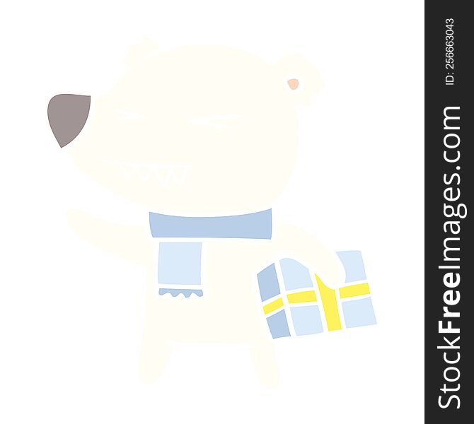flat color style cartoon angry polar bear with xmas present