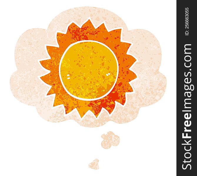 cartoon sun with thought bubble in grunge distressed retro textured style. cartoon sun with thought bubble in grunge distressed retro textured style